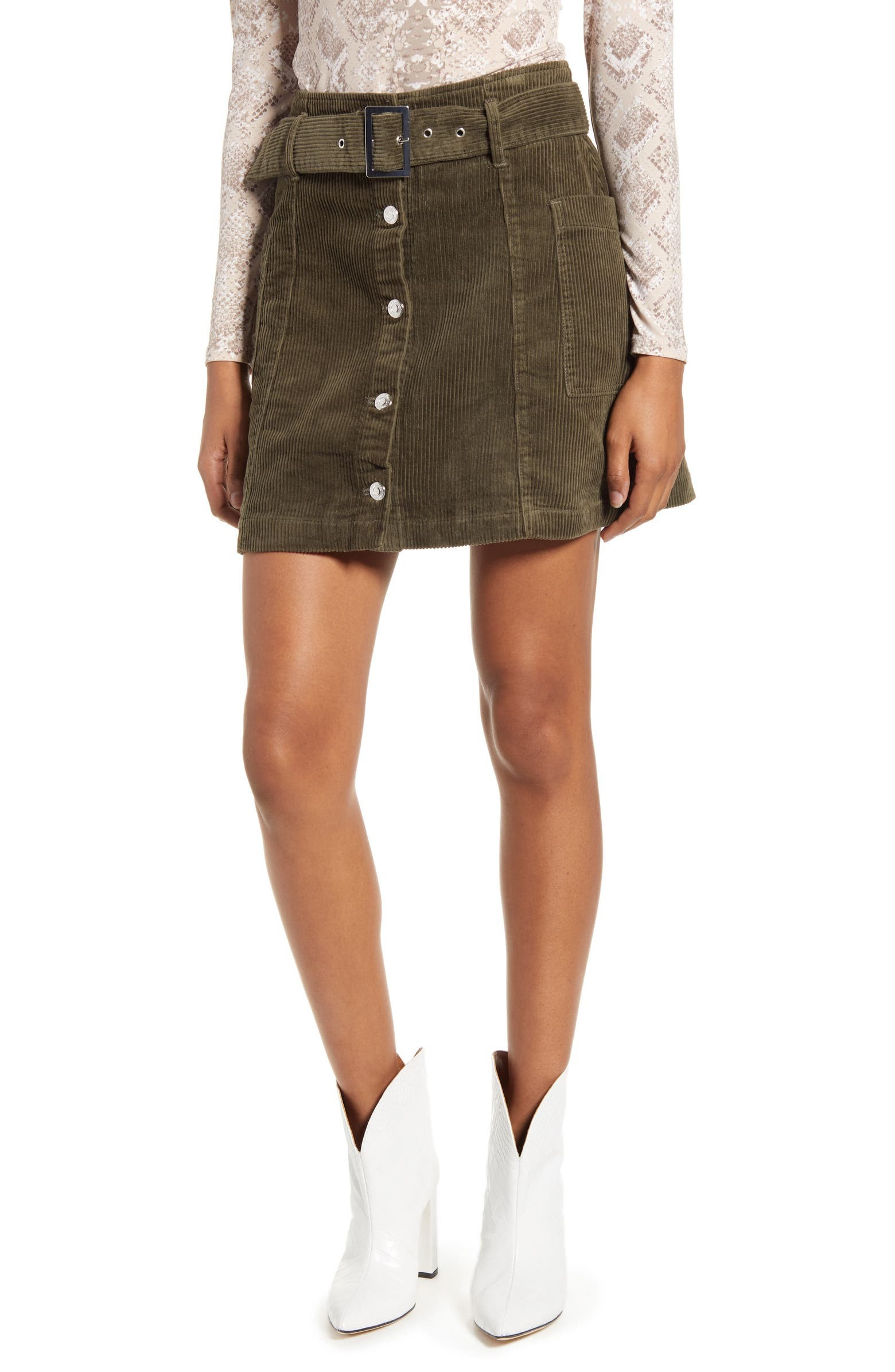 Corduroy Button Belted Miniskirt | Nordstrom