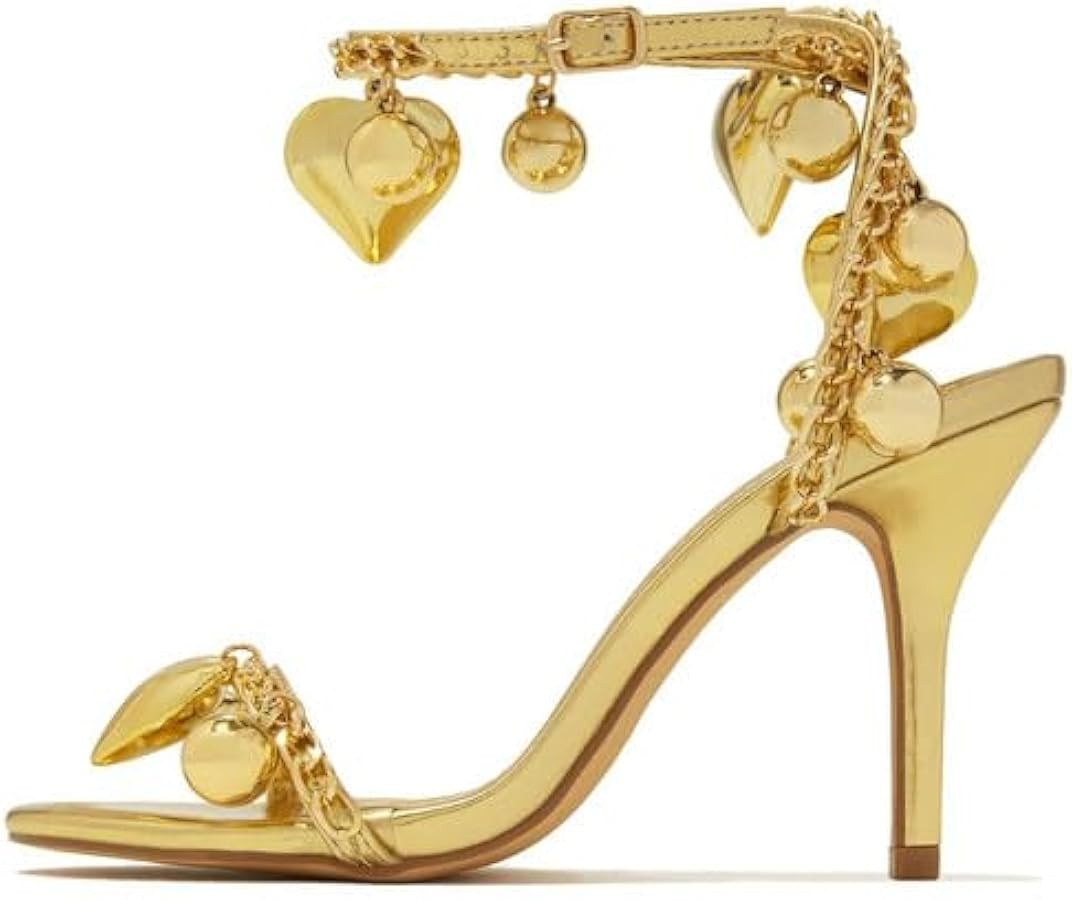 MissHeel Metallic Heels with Heart and Ball Pendants Ankle Strap Open Toe Sandals | Amazon (US)
