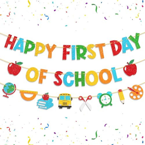 Shzbtdo Pre-Strung Happy First Day of School Banner, Glitter First Day of Kindergarten Decorations for Classroom, Welcome School Decorations for Kindergarten PreK 1st Grade Students | Amazon (US)