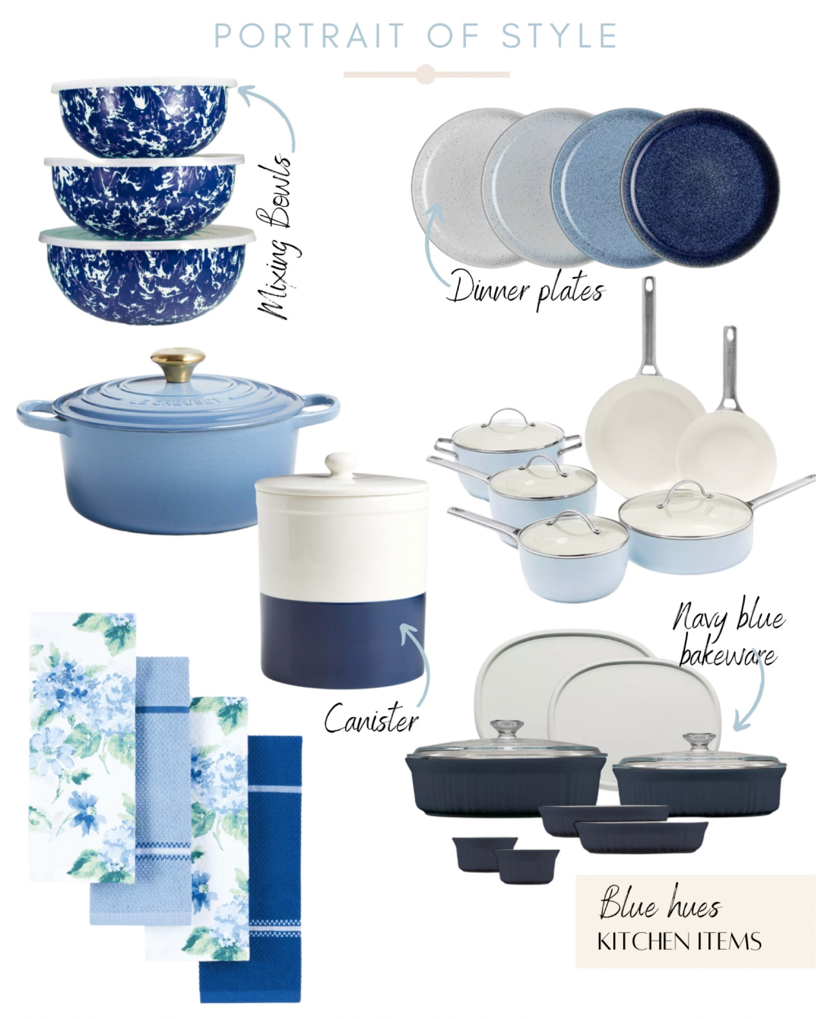 Blue hues kitchen must haves! 

#blueandwhite #kitchen #kitchenitems #bowls #dinnerplates #bakeware #potsandpans #lecreuset #canister 

#LTKhome