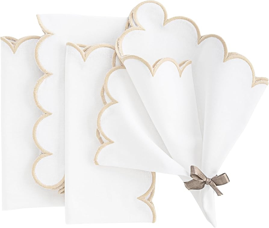 Beige and White Cloth Napkins, White Napkins, 100% Cotton Scalloped Embroidery Dinner Napkin Set ... | Amazon (US)
