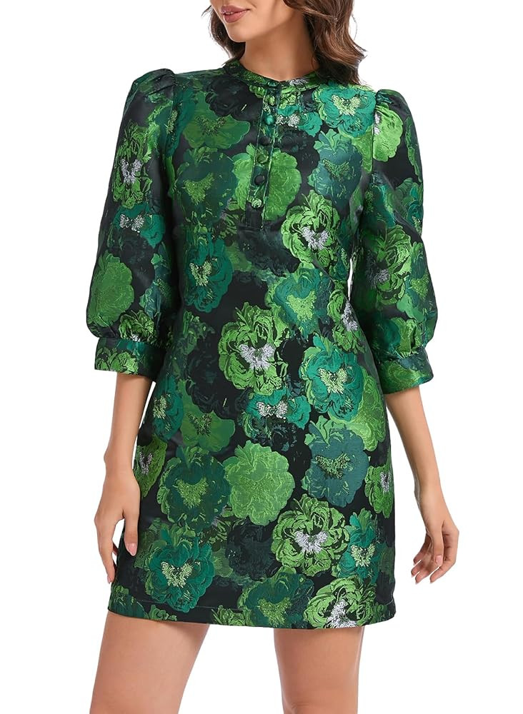 Ladyful Women's Floral Jacquard Shift Dress 2025 Long Puff Sleeve Button Up Elegant Cocktail Part... | Amazon (US)