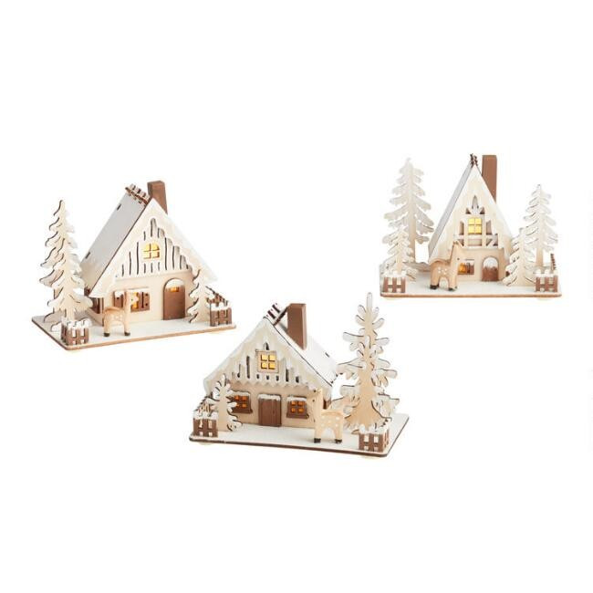 Laser Cut Wood Icy Cottage LED Light Up Decor Set of 3 | World Market