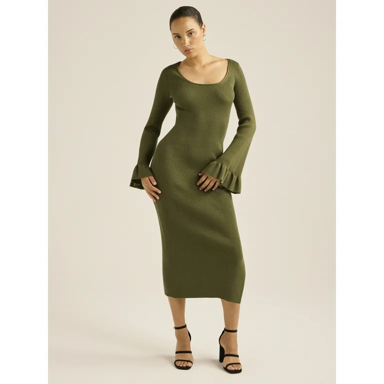 Scoop Women’s Midi Sweater Dress with Ruffled Bell Sleeves, Sizes XS-XXL | Walmart (US)