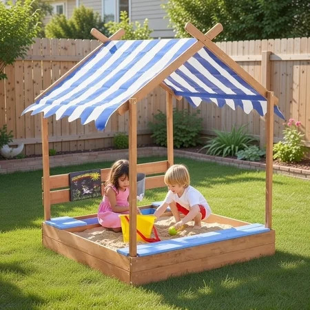 Sandbox with Lid and Cover, 49" Kids Large Wooden Sand Box with Liner, Drawing Board, Sink, House Design, Sand Boxes Play Toys for Backyard Garden Beach, Sand Pit for Beach Patio Outdoor | Walmart (US)