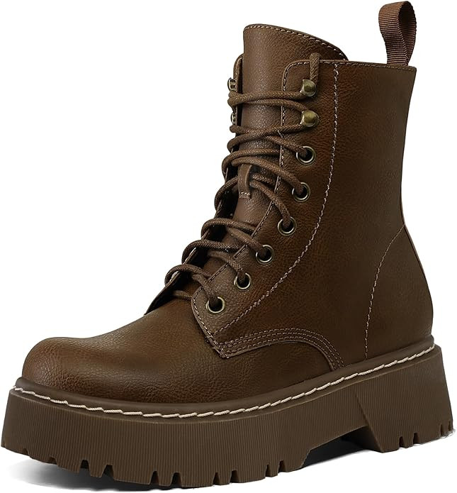 Women's Combat Ankle Boots Lace up Platform Lug Sole Chunky Low Heel Booties with Side Zipper | Amazon (US)