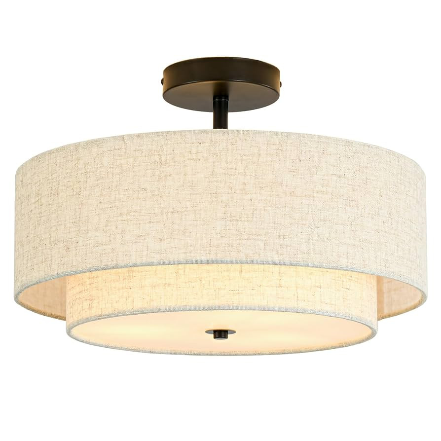 16" Semi Flush Mount Ceiling Light, 3-Light Drum Ceiling Light Fixture with 2-Tier Fabric Linen S... | Amazon (US)