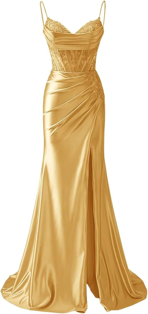 Zeeyecie V-Neck Satin Prom Dresses Mermaid Lace Applique Spaghetti Straps Glitter Evening Formal ... | Amazon (US)