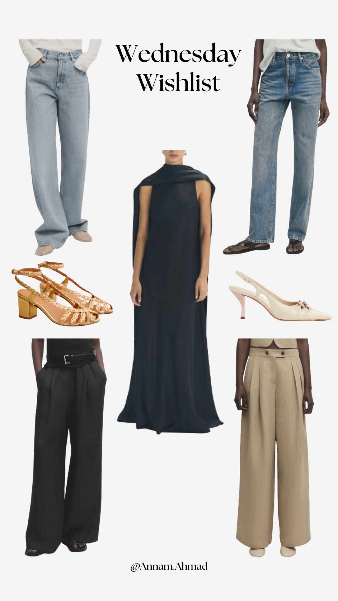 Wednesday Wishlist: blue denim jeans, straight jeans, braided gold sandals, beige cream slingback pumps, high waist jeans, elasticated trousers, wide leg trousers, satin cape maxi dress

#LTKstyletip #LTKeurope #LTKSeasonal