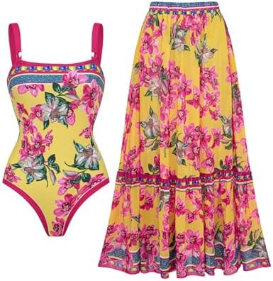 FLAXMAKER Women's Swimsuit Orchid Print One Piece Vintage Retro Swimsuit with Skirt/Sarong | Amazon (US)