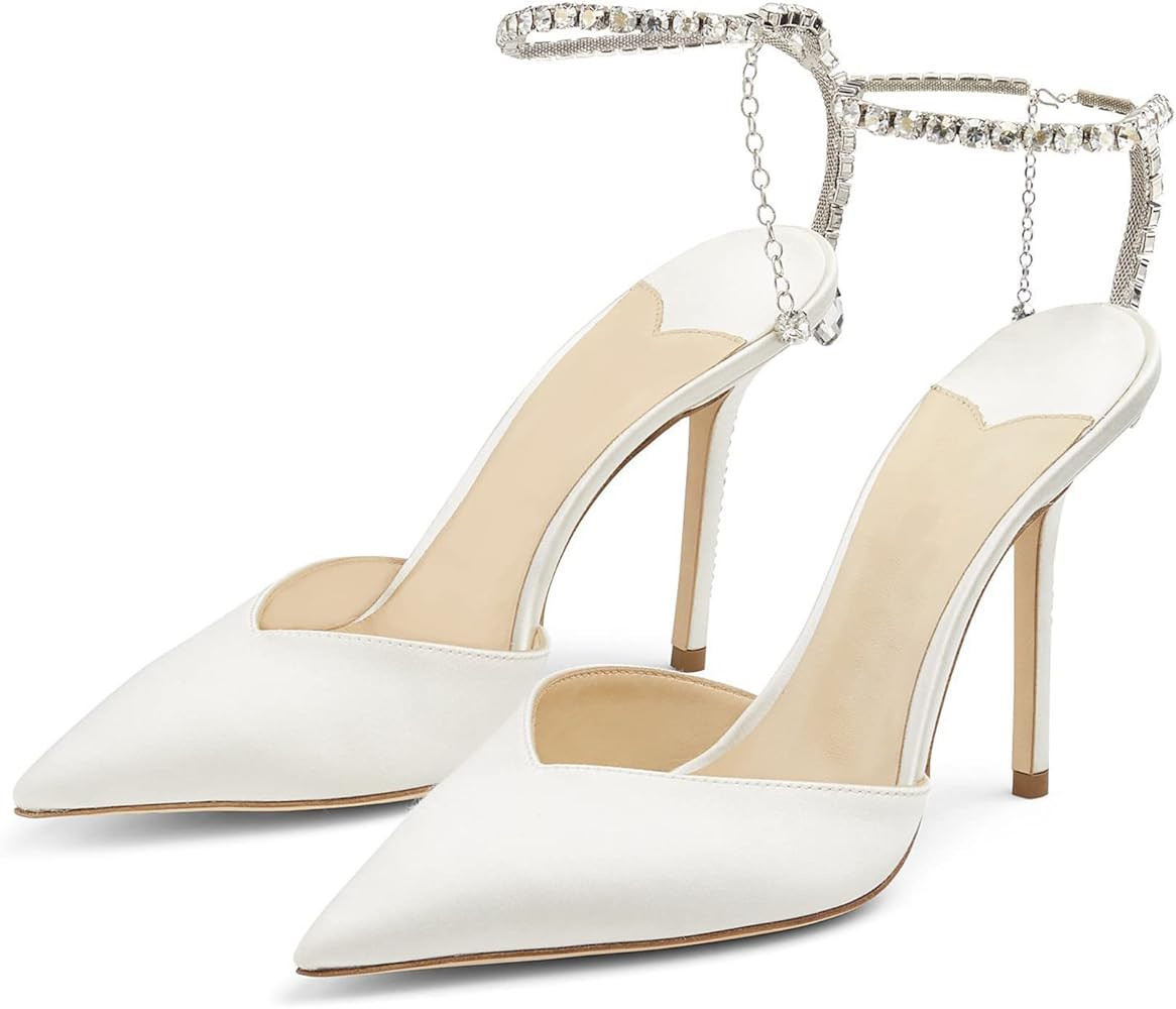 Women’s Pointed Toe Heels Sparkling Crystal Ankle Strap Heeled Sandals Wedding Stiletto Heel Sa... | Amazon (US)