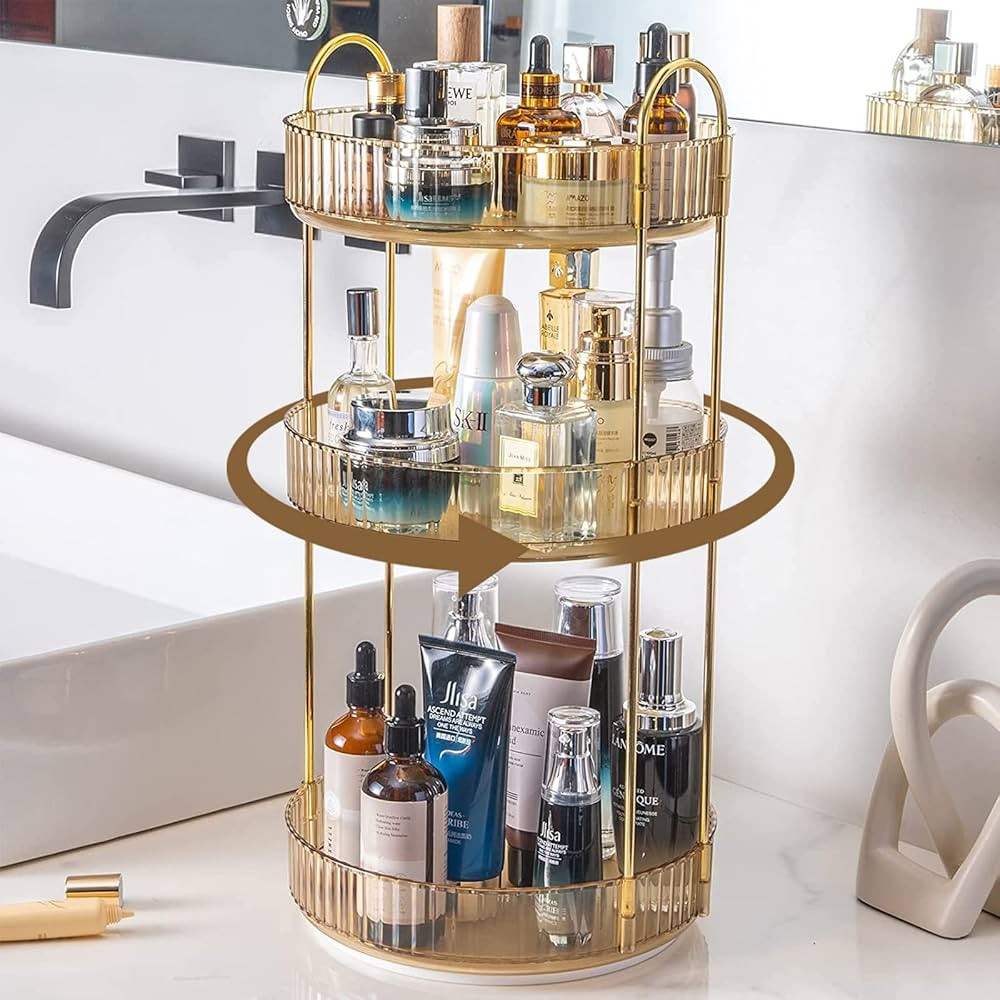 Rotating Makeup Organizer for Vanity 3 Tier, High-Capacity Skincare Clear Make Up Storage Perfume... | Amazon (US)