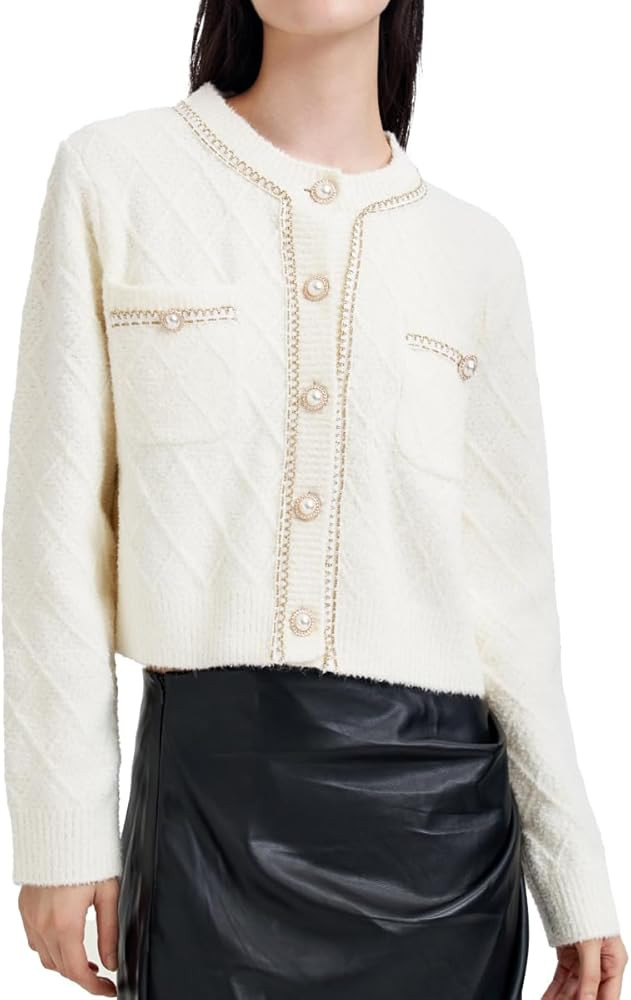 URBAN REVIVO Women's Casual Cardigans Open Front Cardigan Pearl Button Slim Fit Vintage Long Slee... | Amazon (US)