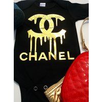 Chanel Baby Girl clothing Onesie Bodysuit Mommy  Me set Baby shower gift Gold Black Chanel inspired Designer Baby Handmade Custom Clothes | Etsy (US)