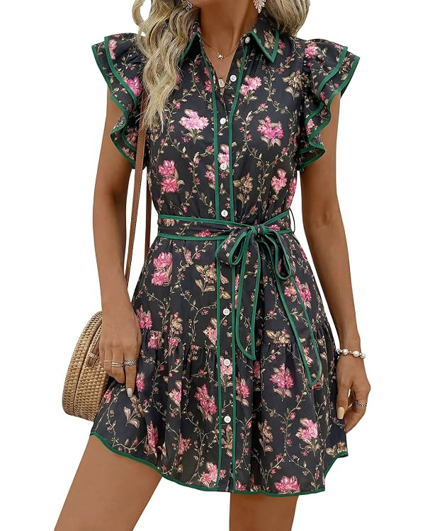 Wenrine Womens Summer Floral V Neck Ruffle Sleeve Button Down Shirt Dress | Casual,Collar V Neck,... | Amazon (US)