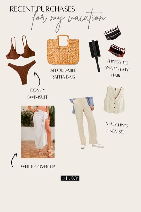 Vacation purchases 
Swimsuit (small,brown, TTS)
Hair boar brush 
Hair clips 
Linen vest (small, I altered it for a tighter fit)
Linen pants (small, TTS)
White swim cover up (small, TTS) 
Straw tote handbag - looks so high end! 

Vacation outfit 
Swim 
