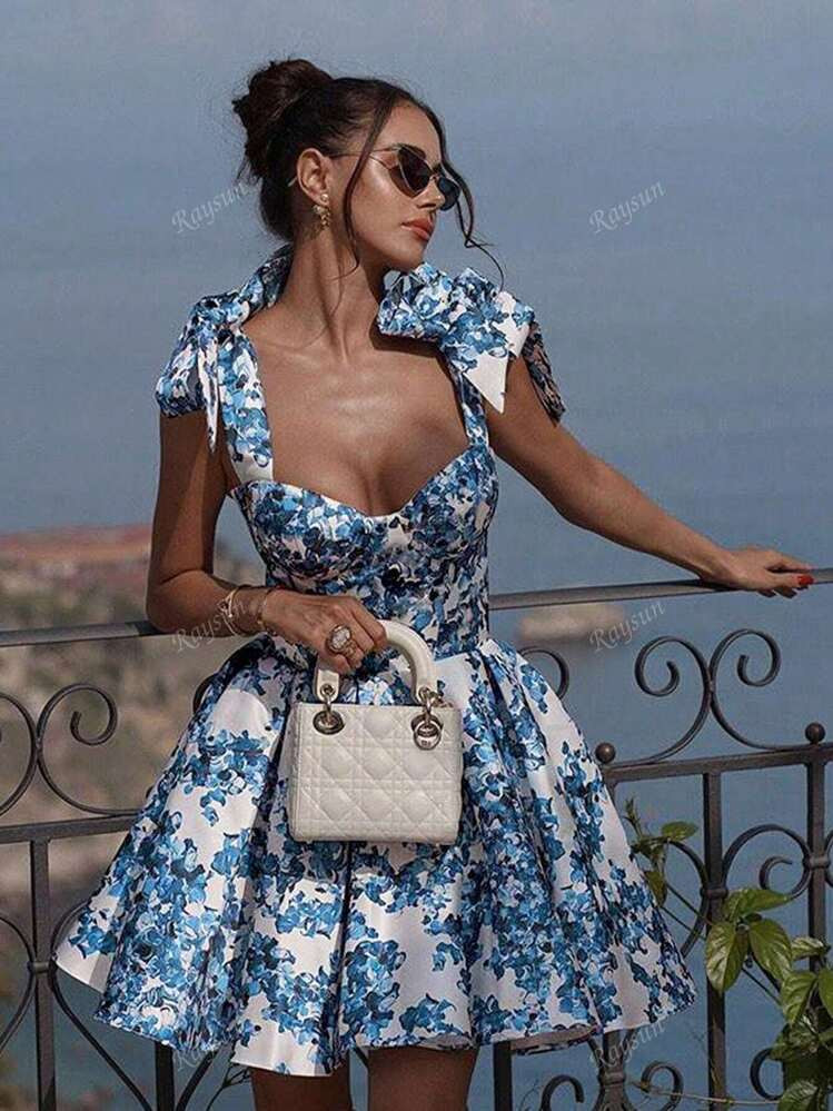 Women's Sexy Low Cut Vacation Style Fitted Floral Print Tie Waist A-Line Skirt Mini Backless Slim Strap Halter Short Dress, Vintage Elegant Swing Party Organza Temperament Bridesmaid Prom Evening Gowns, New Casual Wear Dresses, Spring Summer Fall | SHEIN