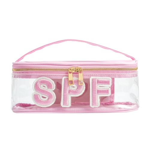 RSRSLEII Clear Waterproof Summer SPF Makeup Bag，Aesthetic Transparent Letter Patch Cosmetic Bag with Metal Zipper, Preppy Sunscreen Accessories Storage Organization, Beach Travel Purse(01SPF Pink) | Amazon (US)