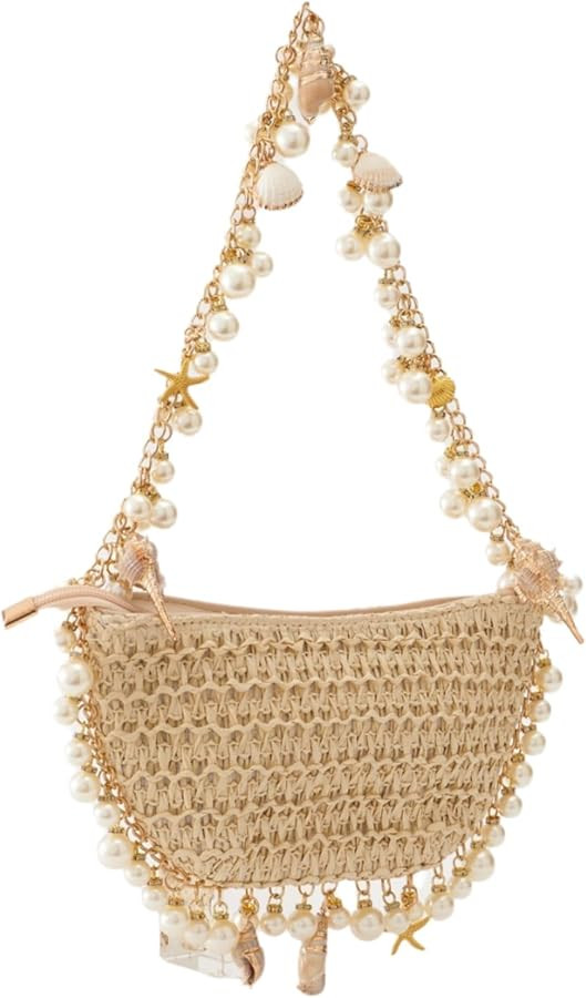 Women's Straw Woven Clutch Purse Summer Beach Pearl Conch Starfish Vocation Bag (Shell Shape) | Amazon (US)