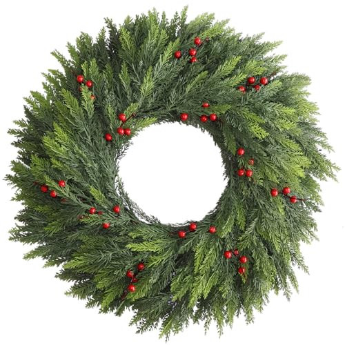 BINFEN 24” Green Faux Norfolk Cedar Christmas Winter Wreath with Red Berry – Fake Real Touch Pine Xmas Wreaths for Front Door Porch Mantel & Fireplace, Christmas Decor | Amazon (US)