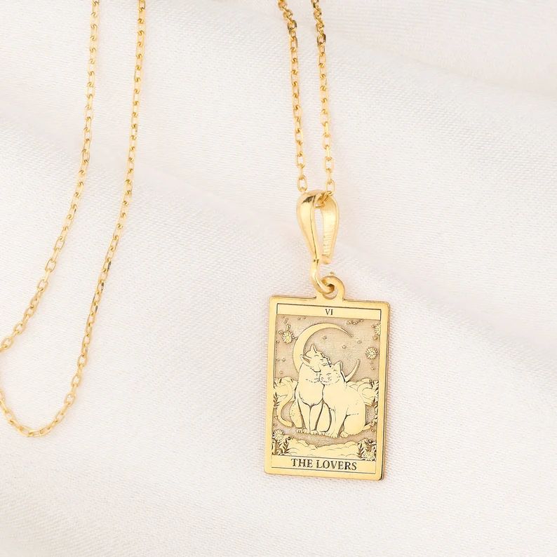 14K Solid Gold Cat Lovers Tarot , Cat Memorial Tarot Necklace , Real Gold Cat Charm Necklace , Ca... | Etsy (US)