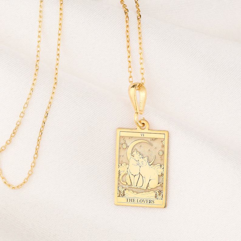 14K Solid Gold Cat Lovers Tarot , Cat Memorial Tarot Necklace , Real Gold Cat Charm Necklace , Ca... | Etsy (US)