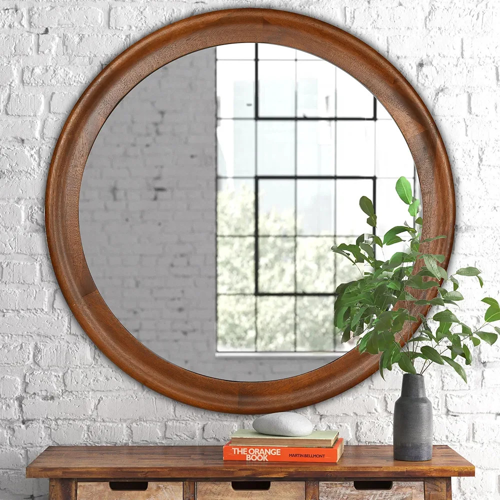 Round Wood Mirror for Wall,36 Inch Circle Decorative Mirror with Walnut Frame,Rustic Bathroom Han... | Amazon (US)
