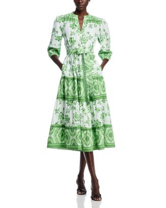 Three Quarter Sleeve Split Neck Printed Midi Dress | Bloomingdale's (US)