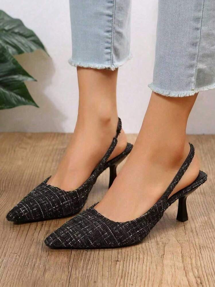 Women's High Heel Pumps, Fashion Black Kitten Heel, Earth-Tone Pointed Toe Stilettos With Elastic... | SHEIN