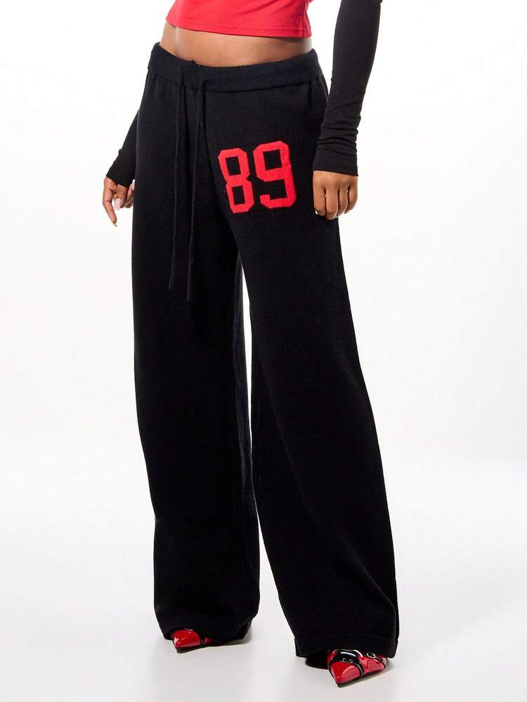 SUMWON WOMEN Oversized Wide Leg Number Print Knitted Joggers With Drawstring Waist For Loungewear Casual Comfort | SHEIN