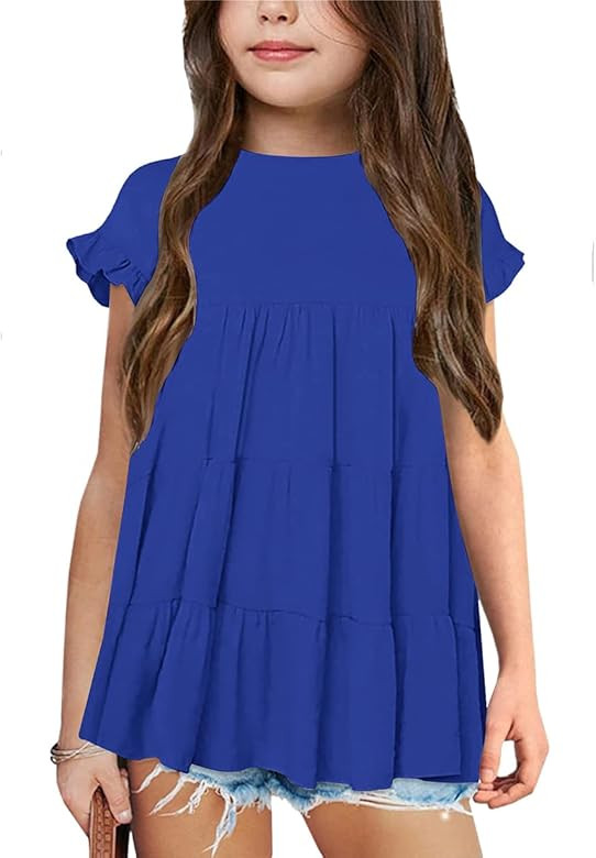 PAPOSON Girls Summer Tiered a Line T Shirts Casual Loose Swing Ruffle Trim Babydoll Tops 6-14 Years | Amazon (US)