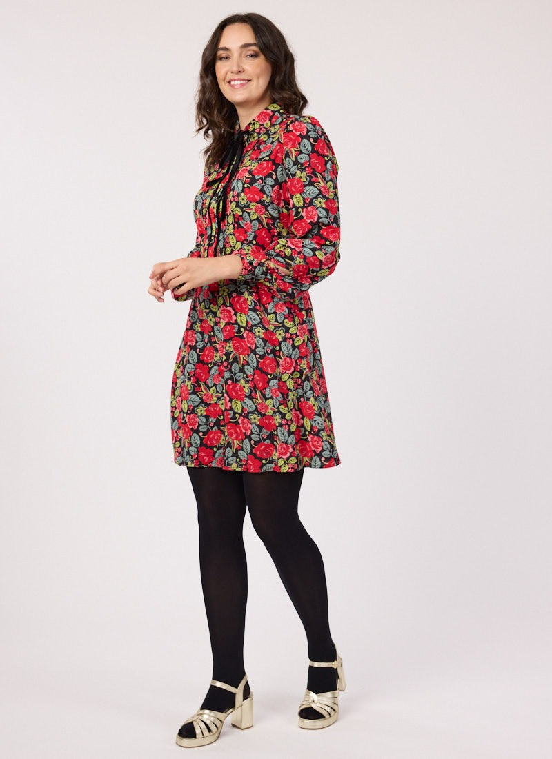Paulina Antique Rose Print Tie Neck Mini Dress | Joanie