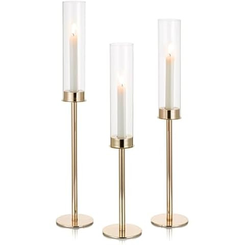 Hewory Gold Candle Holders Hurricane Candlestick Holders, 3Pcs Brass Candle Stick Candle Holder C... | Amazon (US)