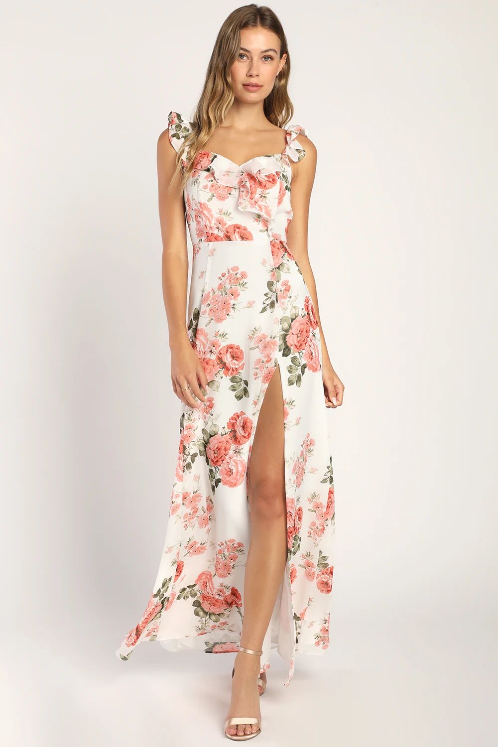 Radiant Evening White Floral Print Ruffled Sleeveless Maxi Dress | Lulus (US)