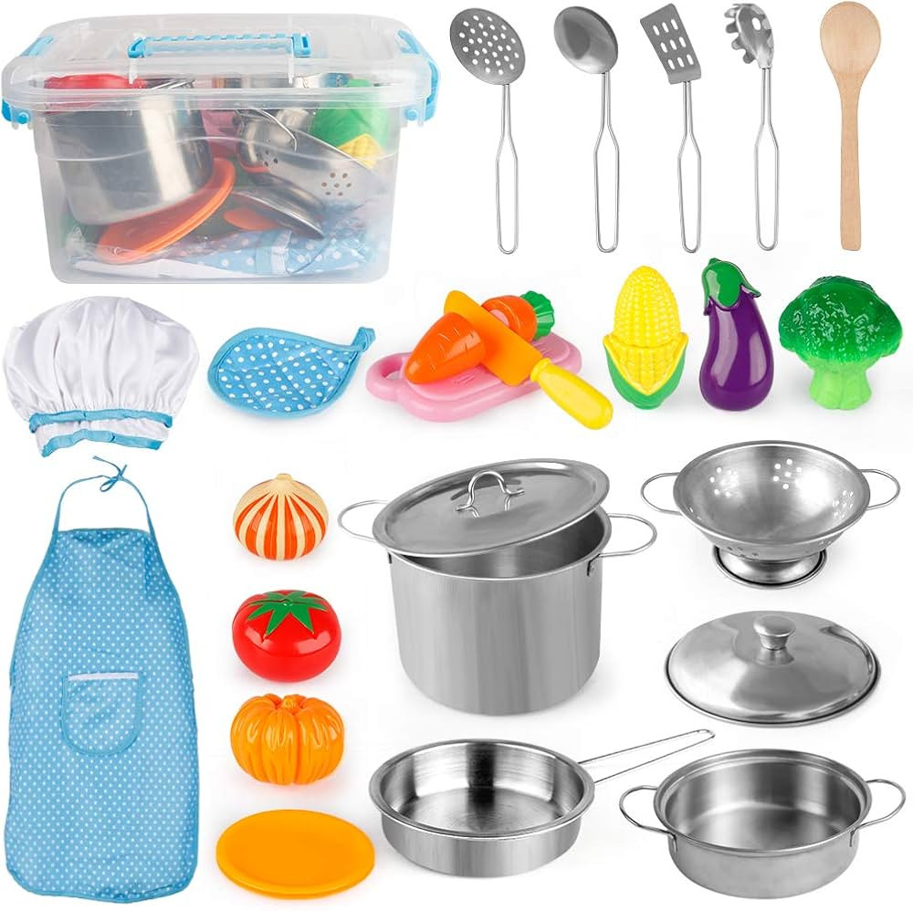 D-FantiX Play Kitchen Accessories, Kids Play Pots and Pans Playset with Mini Stainless Steel Pret... | Amazon (US)