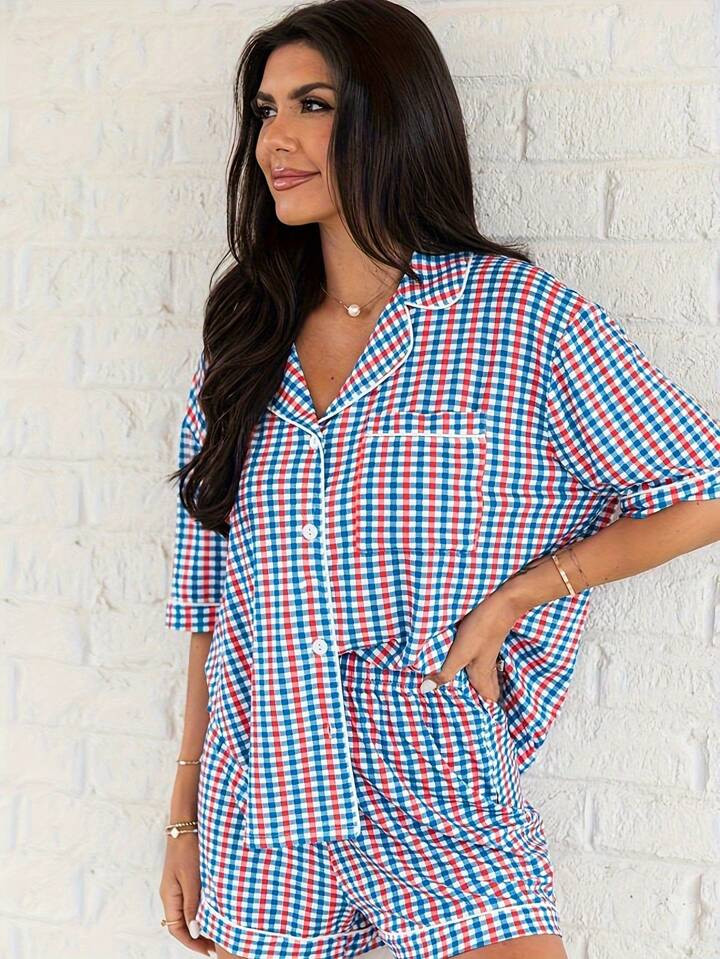 2pcs Casual Pajama Set For Women, Plaid Print Loose Fit Short Sleeve Button Polo Collar Top And S... | SHEIN