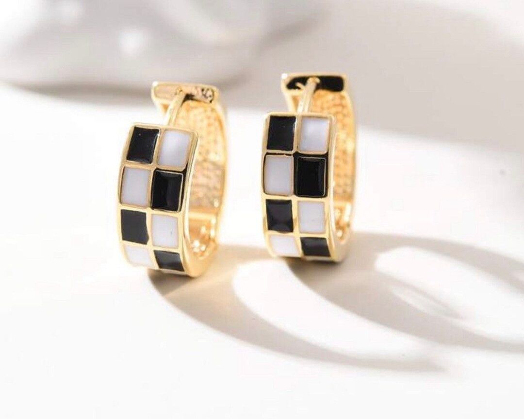 Checkerboard enamel gold plated clasp hoops, small hoop earring, black and white hoop earrings | Etsy (US)