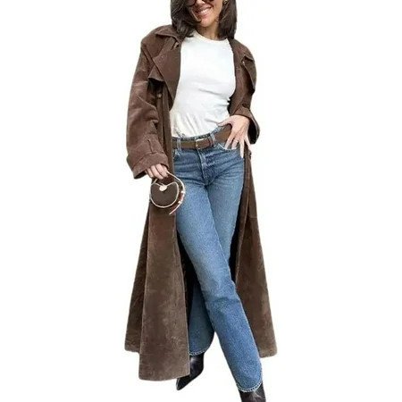 utcoco Womens Faux Suede Notched Lapel Long Trench Coat | Walmart (US)