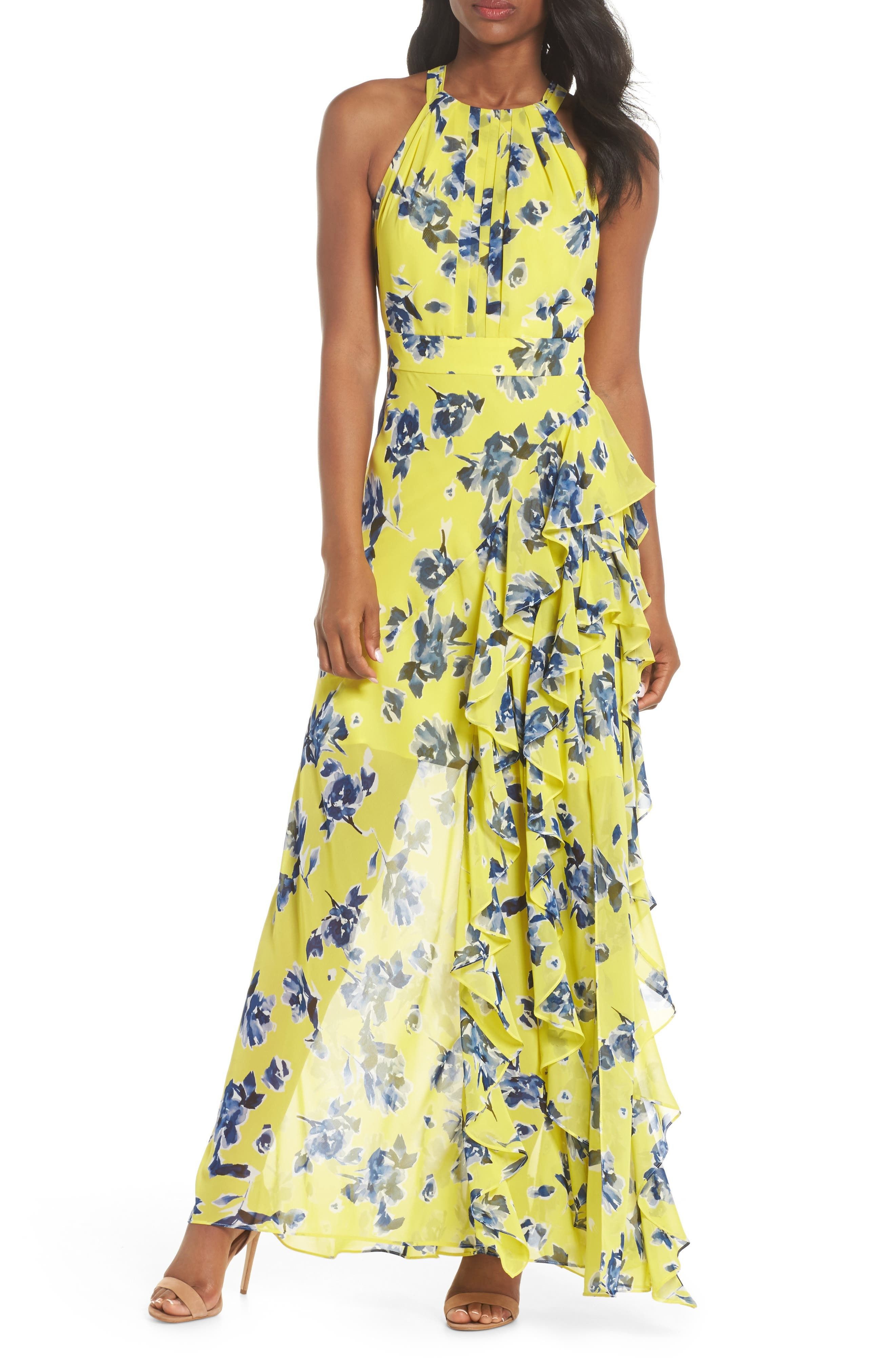 Eliza J Halter Ruffle Maxi Dress in Yellow at Nordstrom, Size 2 | Nordstrom