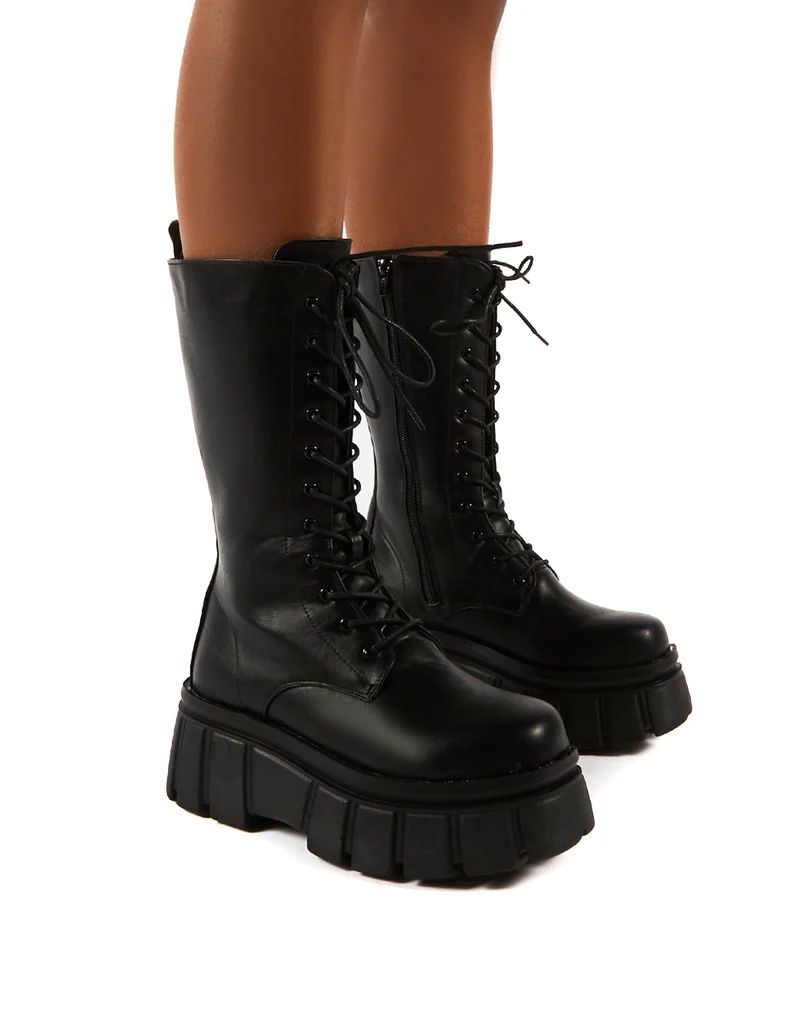 Jena Black Calf High Lace Up Chunky Sole Boots | Public Desire