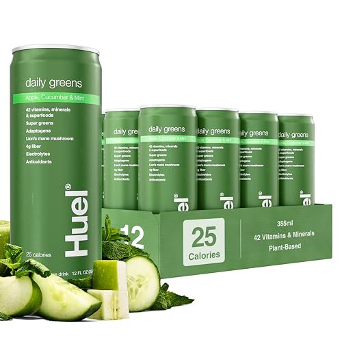 Huel Daily Greens Ready-to-Drink | Apple Cucumber Mint Superfood Greens | 91 Vitamins, Minerals, and Wholefood-Sourced Ingredients | Adaptogens, Antioxidants, Gut-Friendly Probiotics | 12 Fl Oz, 12 Pk | Amazon (US)