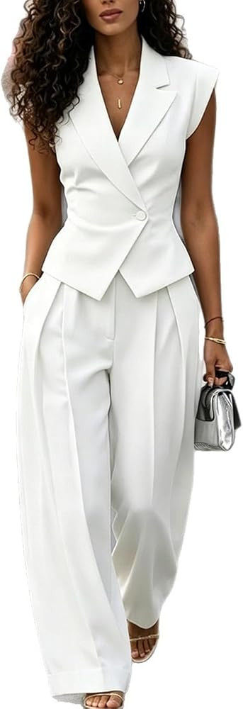 White 2 Piece Set for Women Tailored Blazer Vest and Wide Leg Pants Semi Formal Outfits for Women... | Amazon (US)