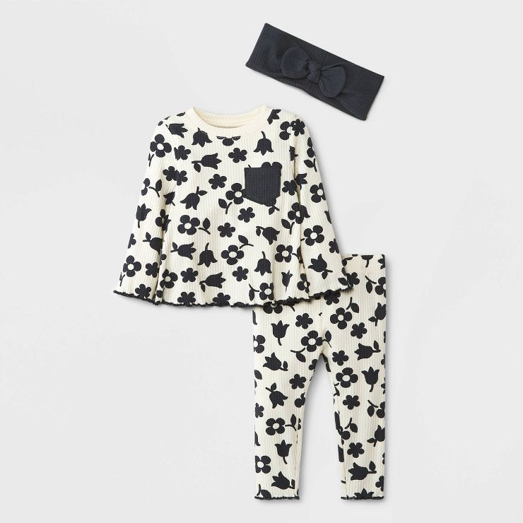 Baby Girls' 3pc Floral Ribbed Top & Bottom Set with Headband - Cat & Jack™ Black/White | Target