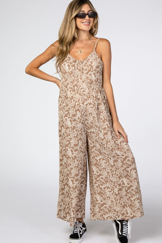 Mocha Paisley Print Cropped Maternity Jumpsuit | PinkBlush Maternity