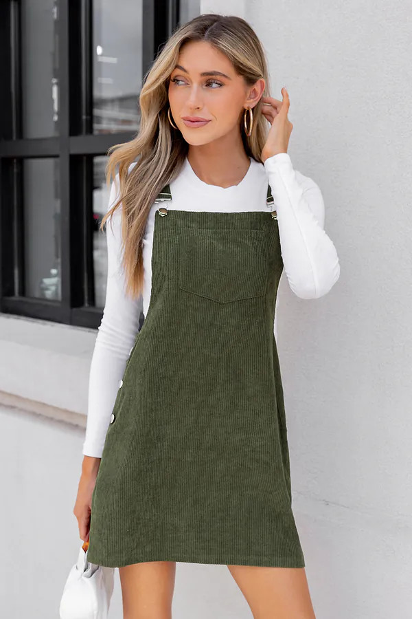 Olive Corduroy Mini Overall Dress with Adjustable Straps | Cupshe US