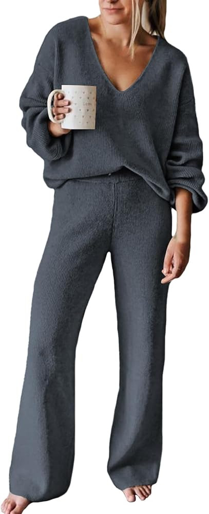 AOHITE Womens 2 Piece Outfits Casual V-neck Knit Pullover Sweater Wide Leg Pants Sweatsuit Lounge... | Amazon (US)