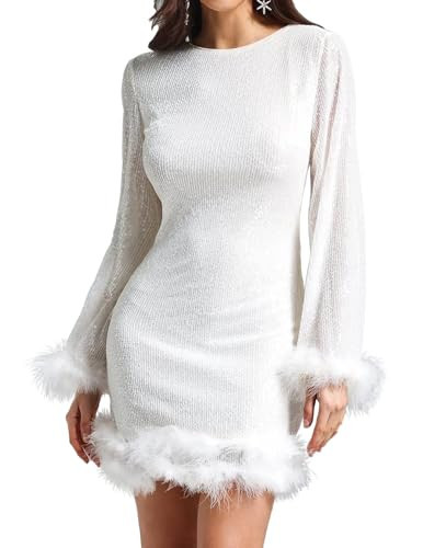 BELLA BARNETT White Feather Dress Sequin Dress for Women Elegant Bodycon Dress Sexy Backless Dress Date Night Dress Trendy Long Sleeve Dress Chic Evening Dress | Amazon (US)