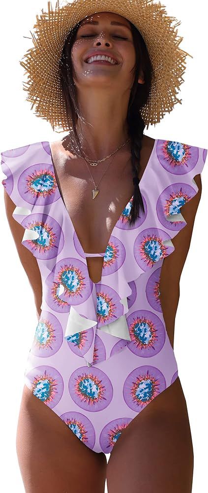 SPORLIKE Women One Piece Swimsuit V-Neck Ruffle Bathing Suit, Amazon Fashion, Summer Style, Vacay | Amazon (US)