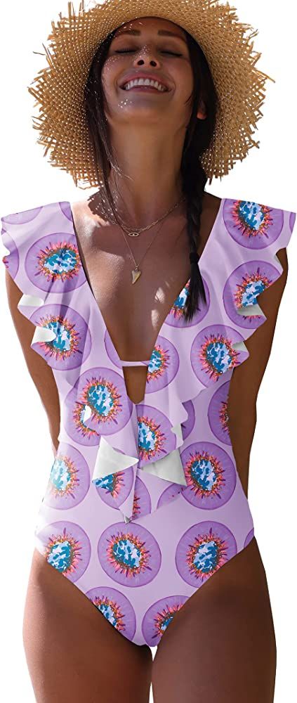 SPORLIKE Women One Piece Swimsuit V-Neck Ruffle Bathing Suit, Amazon Fashion, Summer Style, Vacay | Amazon (US)