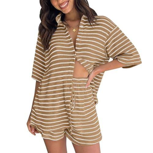 BWQ Women's Knit 2 Piece Outfits Casual Striped Button Down Shirts and Drawstring Shorts Matching Lounge Summer Sets | Amazon (US)